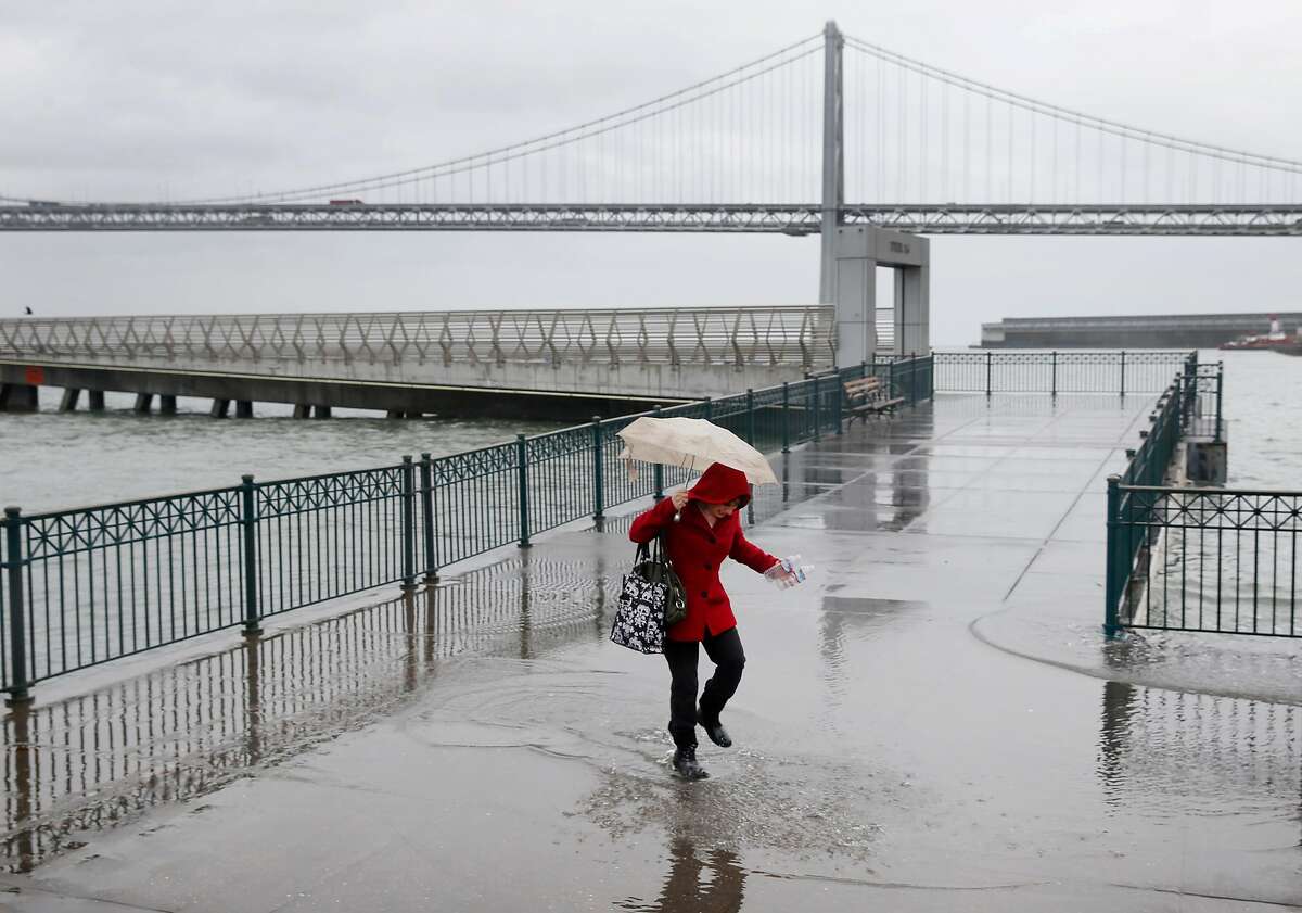 Sylvie Lee walks through a puddle created by king tides after picking up plastic bottles floating in the bay at Pier 14 along the Embarcadero in San Francisco, Calif. on Tuesday, Nov. 24, 2015. King tide conditions are causing higher than usual water levels.