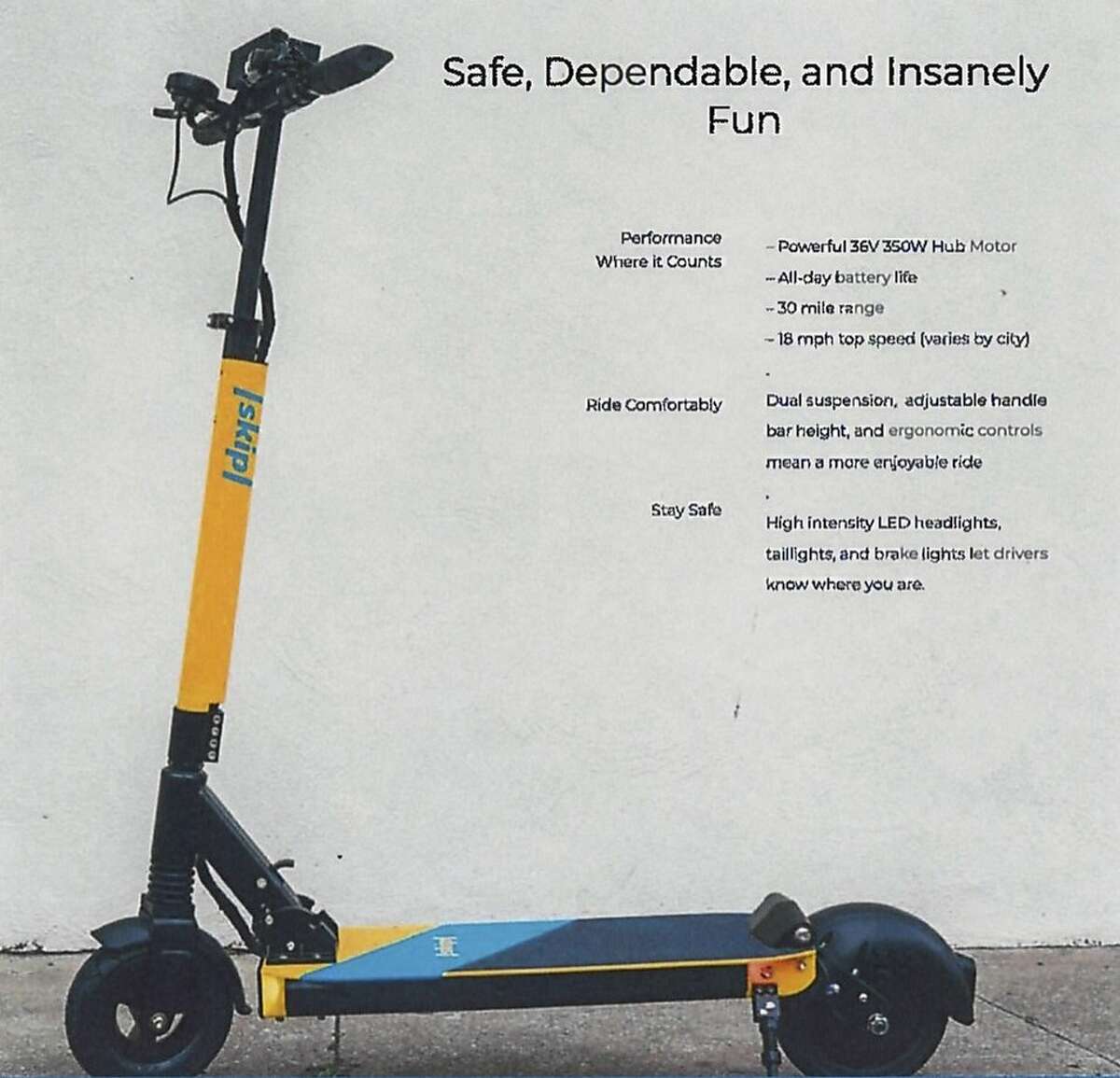 Skip of San Francisco, formerly known as Waybots, submitted an application in June 2018 to the San Francisco Municipal Transportation Agency to deploy stand-up scooters. Here's what one looks like.
