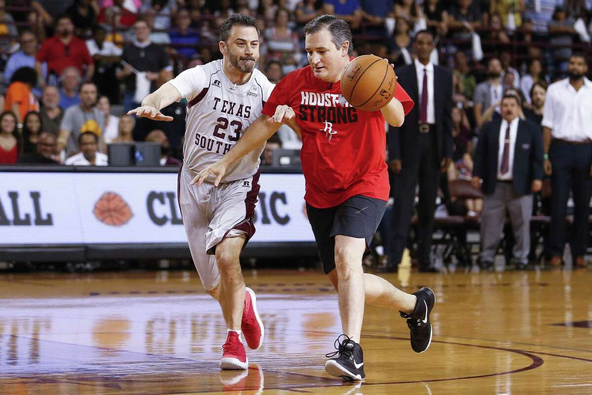 Senator Ted Cruz dribbles past Jimmy Kimmel during the Blobfish Basketball Classic and one-on-one interview at Texas Southern University's Health & Physical Education Arena Saturday, June 16, 2018 in Houston. Cruz challenged Kimmel to the game after Kimmel blamed the Houston Rockets playoff loss on the senator. (Michael Ciaglo / Houston Chronicle)
