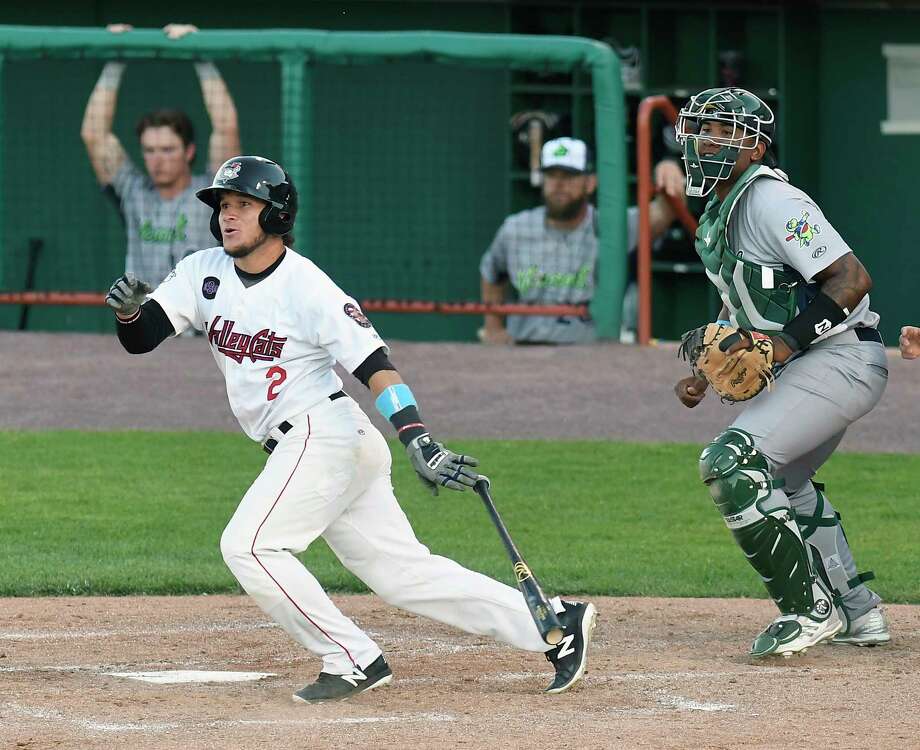 Tri-City ValleyCats catcher Oscar Campos (2) watches his hit against the Vermont Lake Monsters during a minor league baseball game Saturday, June 16, 2018, in Troy, N.Y. (Hans Pennink / Special to the Times Union) Photo: Hans Pennink / Hans Pennink
