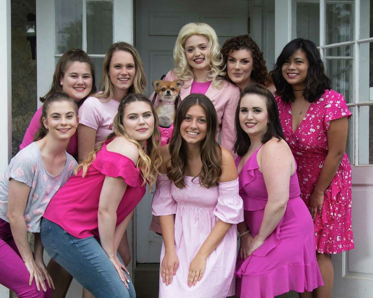 Elle Woods (Melody Atkinson, with dog) gets ready to take on Harvard Law School in “Legally Blonde,” presented outdoors under the stars by Musicals at Richter in Danbury, June 29-July 14. Pictured with her from left, front, are Haley Huxley, Daisy Stott, Caitlin Burke and Kate Patton. From left, back, are Maddy Oldham, Sarah Baker, Margaret Buzak and Monica Castillo.