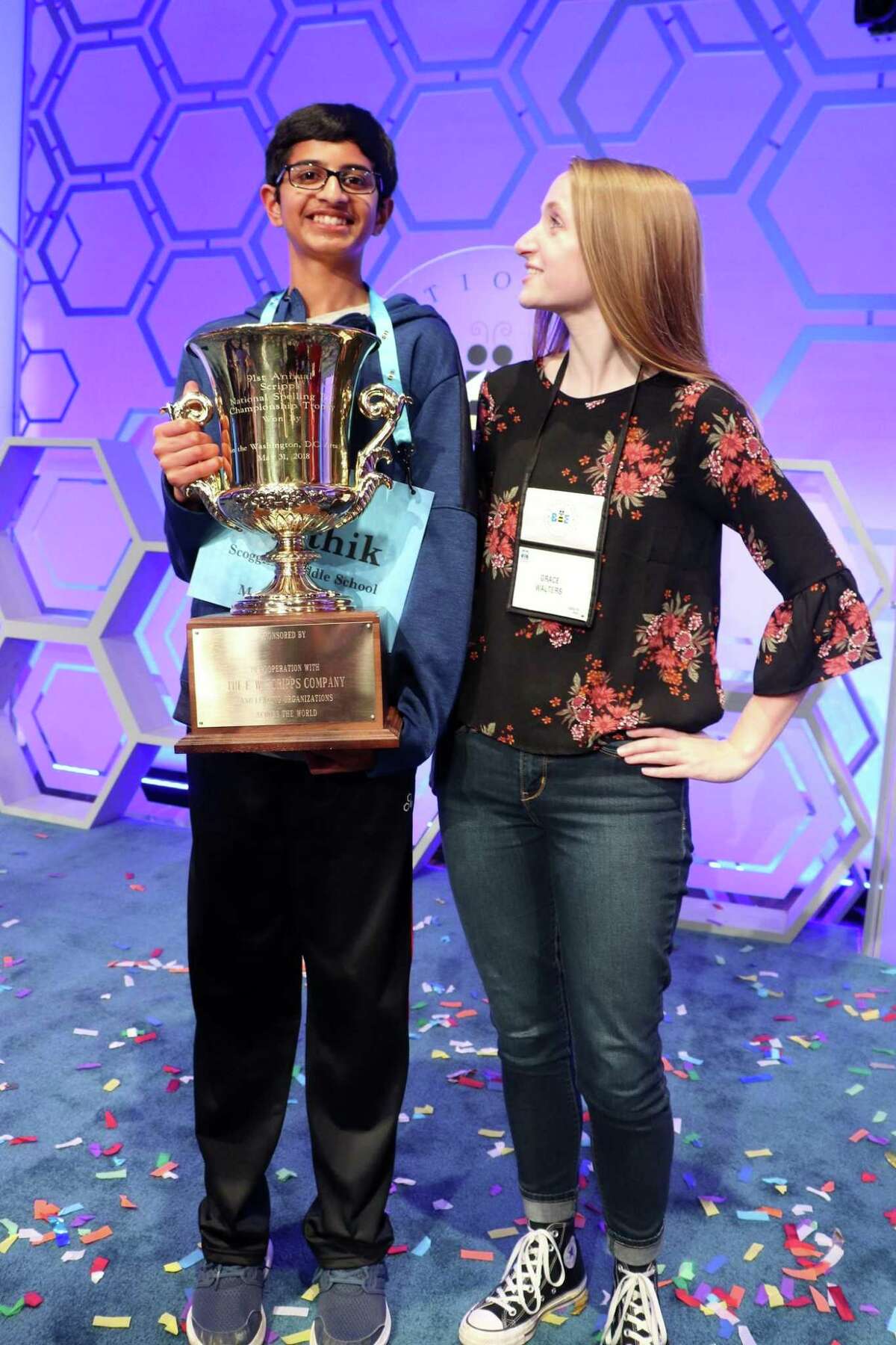 Grace Walters, 16, a Covenant Christian School student, is pictured with Karthik Nemmani, 14, the 2018 Scripps National Spelling Bee winner on May 31 in Washington DC. Walters has coached Nemmani since September in preparation for the national competition.