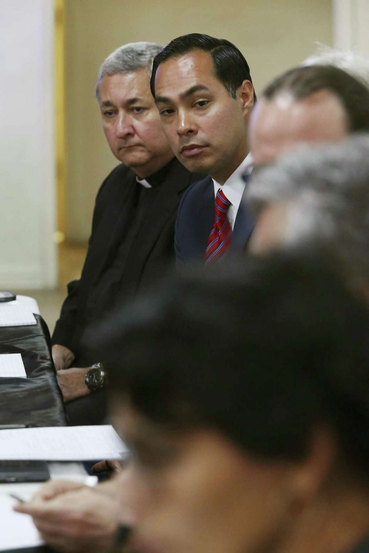 Monsignor Bert Diaz, with St. Mary?’s Catholic Church and former Secretary of Housing and Urban Development Julian Castro participate in an immigration press briefing in Brownsville, Texas, Monday, June 18, 2018. Earlier in the day, six Democratic congress members visited two immigration shelters holding minor migrants. Some of them are the results of the President Donald Trump?’s ?“Zero-tolerance?” family separation policy.
