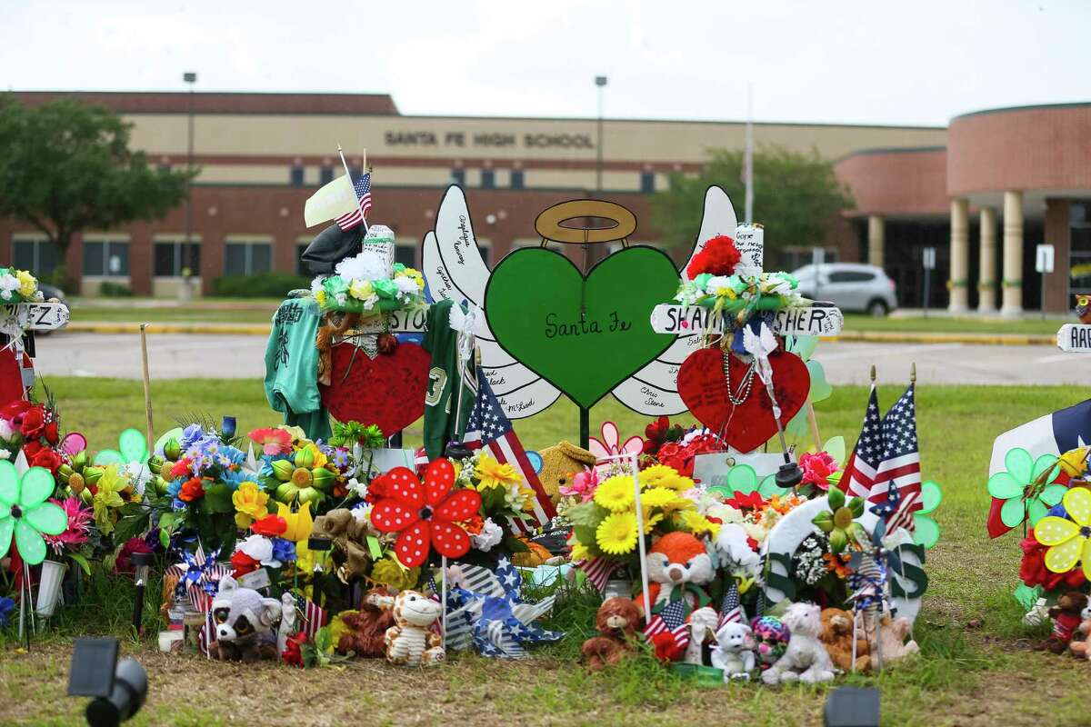 The memorial in front of Santa Fe High School along Highway 6, Monday, June 18, 2018 in Santa Fe.