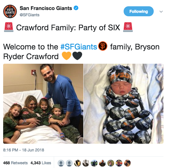 Giants shortstop Brandon Crawford announces birth of fourth child in cute  tweet