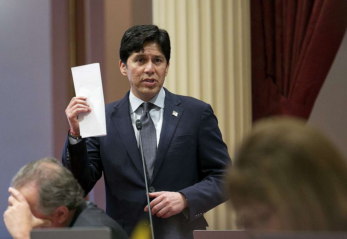 FILE - In this Jan. 30, 2018 file photo, state Senate President Pro Tem Kevin de Leon, D-Los Angeles, calls on lawmakers to approve his tax plan in Sacramento, Calif. De Leon is challenging fellow Democrat, incumbent U.S. Sen. Dianne Feinstein, for her seat in the upcoming June 5 California primary. (AP Photo/Rich Pedroncelli, File)