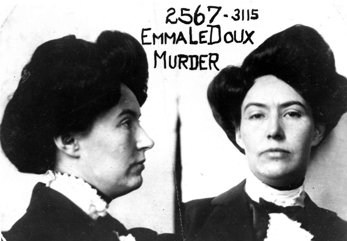 Emma LaDoux, the Trunk Murderess, in her prison mugshot. LaDoux was convicted of murdering her second husband and stuffing him in a trunk bound for San Francisco. The image is courtesy of the Haggin Museum in Stockton.