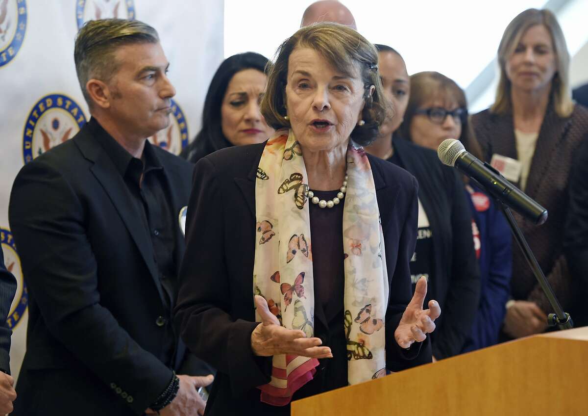 FILE - In this March 27, 2018 file photo, Democratic California Sen. Dianne Feinstein addresses reporters after hosting a roundtable discussion on gun safety with gun violence survivors, family members, activists and medical personnel at the UCLA Medical Center in Los Angeles. Feinstein is facing a challenge from fellow Democrat Kevin de Leon, currently California state Senate president pro tem, in the upcoming California Primary on June 5. (AP Photo/Chris Pizzello, File)