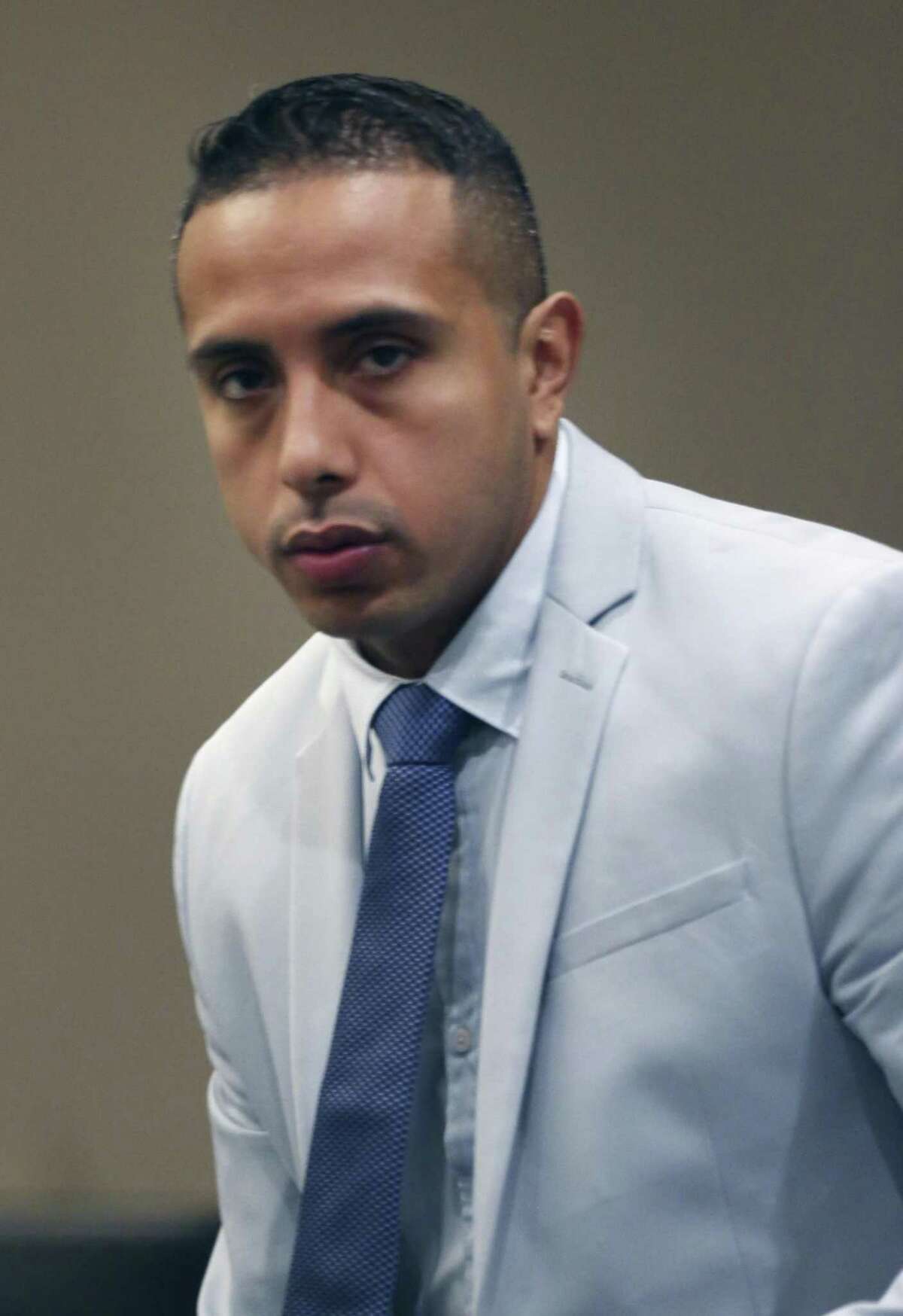 David Asa Villarreal stands Tuesday, June 19, 2018 as the jury leaves the courtroom his murder trial for allegedly killing Aaron Estrada Oct 16, 2015.
