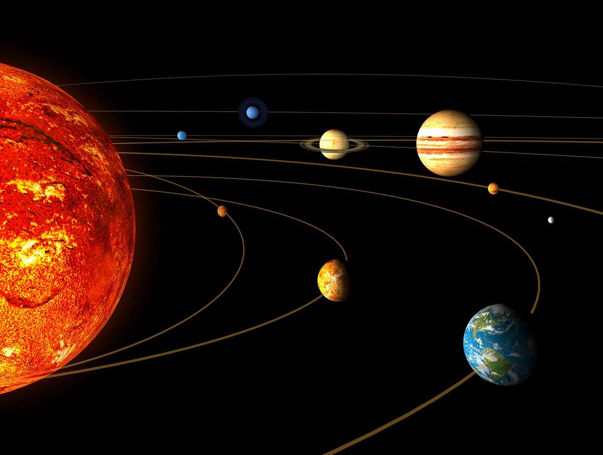An artist rendition released by the European Space Agency on Wednesday, Nov. 28, 2007 shows the main bodies of the solar system, the Sun, Mercury, Venus, the Earth, from left in foreground, Uranus, Neptune, Saturn, Jupiter and Mars, from left in background. The Moon, the Earth's natural satellite, is seen at right in foreground, as the relative size of the orbits of the planets is not respected. Nearby planet Venus is looking a bit more Earth-like with frequent bursts of lightning confirmed by a new European space probe. For nearly three decades, astronomers have said Venus probably had lightning, ever since a 1978 NASA probe showed signs of electrical activity in its atmosphere. But experts were not sure because of signal interference. 