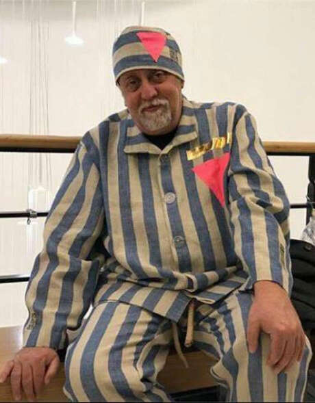 Gilbert Baker wears one of his concentration camp uniforms in 2017. It is thought to be one of the last costumes he created before his death.