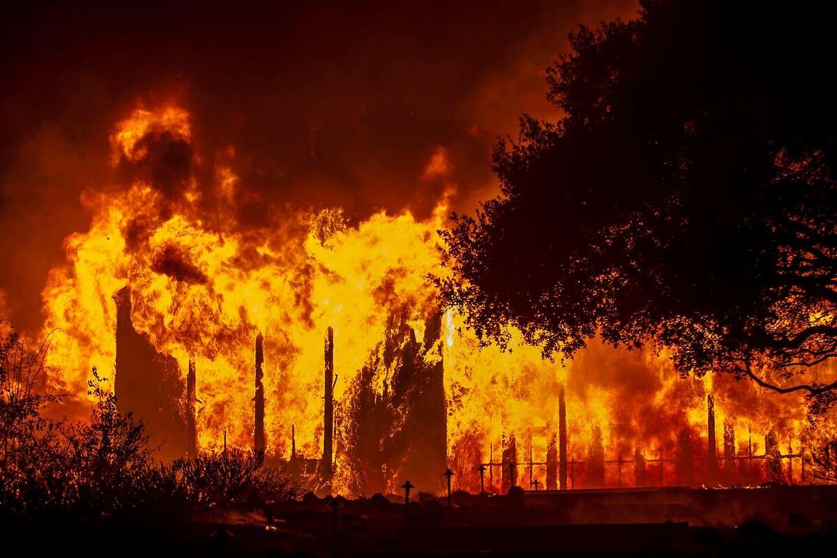 Fire totally engulfed the main structure at the Paras Vineyards as fire from the Nuns Fire continue to burn west of downtown Napa, California, USA 10 Oct 2017.