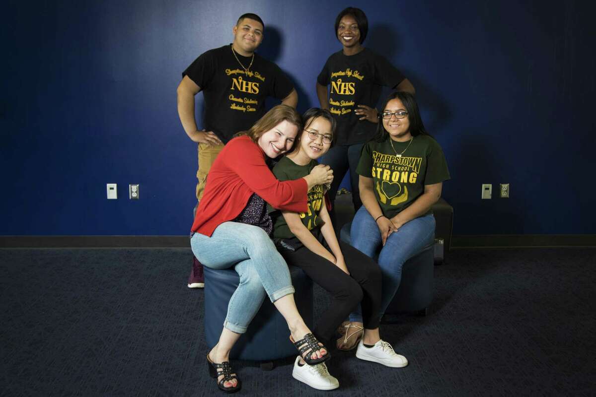 Jennifer Kuhleman, a teacher at Sharpstown High School, organized the high school students and staff to help the families of those affected by Hurricane Harvey. The students included Douglas Menjivar, 17, Folasade Orepo-Orjay, 17, Sara Bonilla, 16, and Truc Huynh, 17.