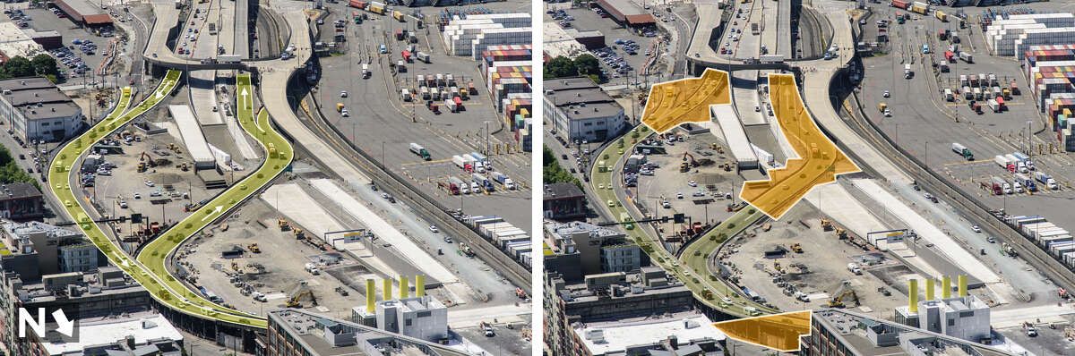 Left: Current state Route 99 near the stadiums (looking south). Right: Work areas needed to open the tunnel.