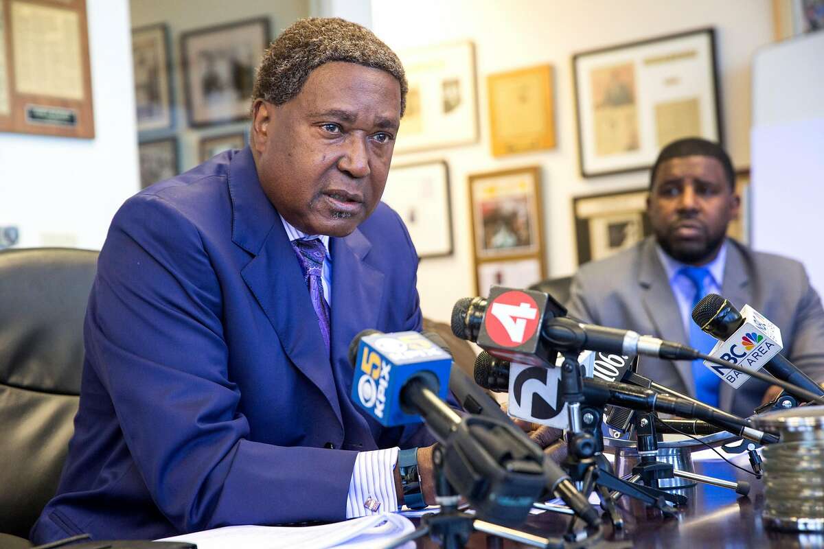 Civil Rights Attorney John L. Burris speaks at a press conference at his law offices in Oakland on Thursday, June 21, 2018. Oakland Calif. The press conference was held to announce the filing of racial discrimination claims against Clark Construction in San Francisco.