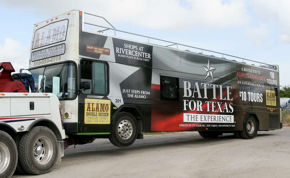 Bexar County Sheriff’s Office last month seized eight vehicles, including this double-decker bus, from City Tours Inc. The business has owed roughly $225,000 in delinquent personal property taxes.