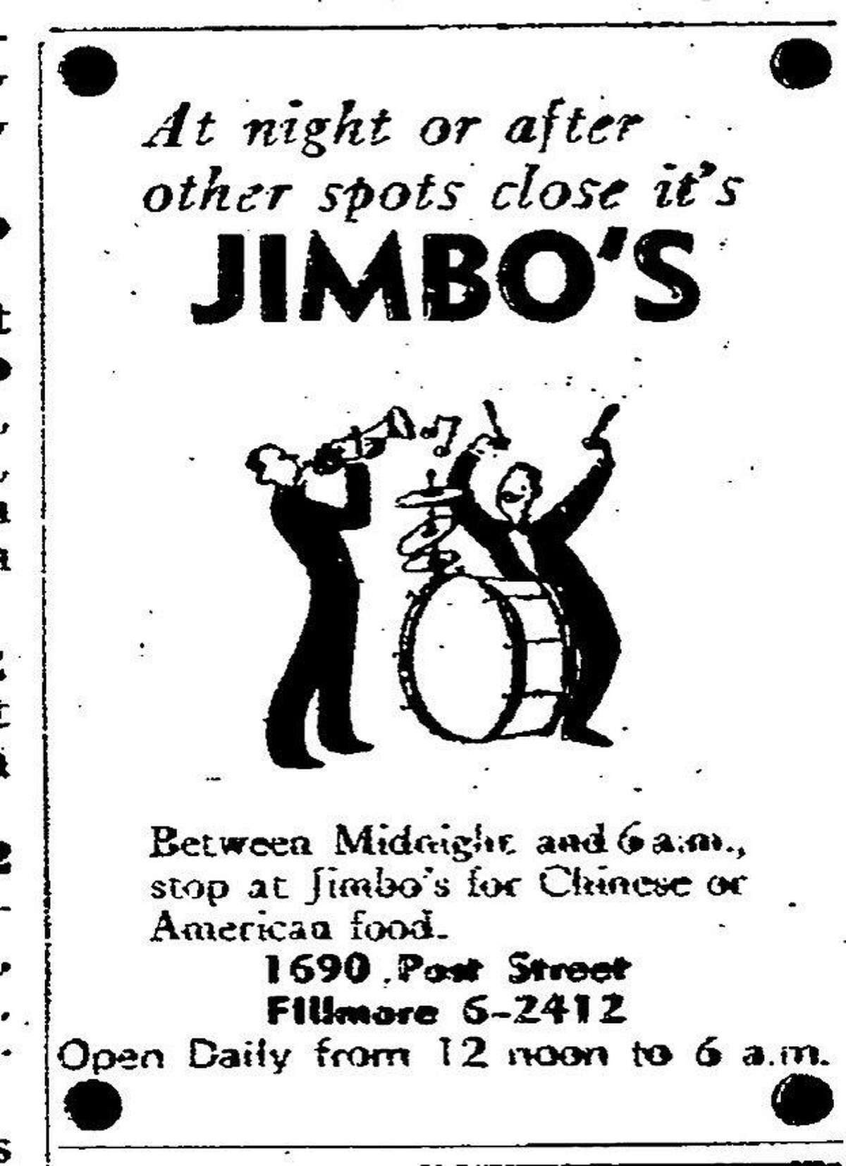 A May 17, 1954 Chronicle ad for Jimbo's Bop City, a popular jazz club that closed in 1965 located at 1690 Post St.,