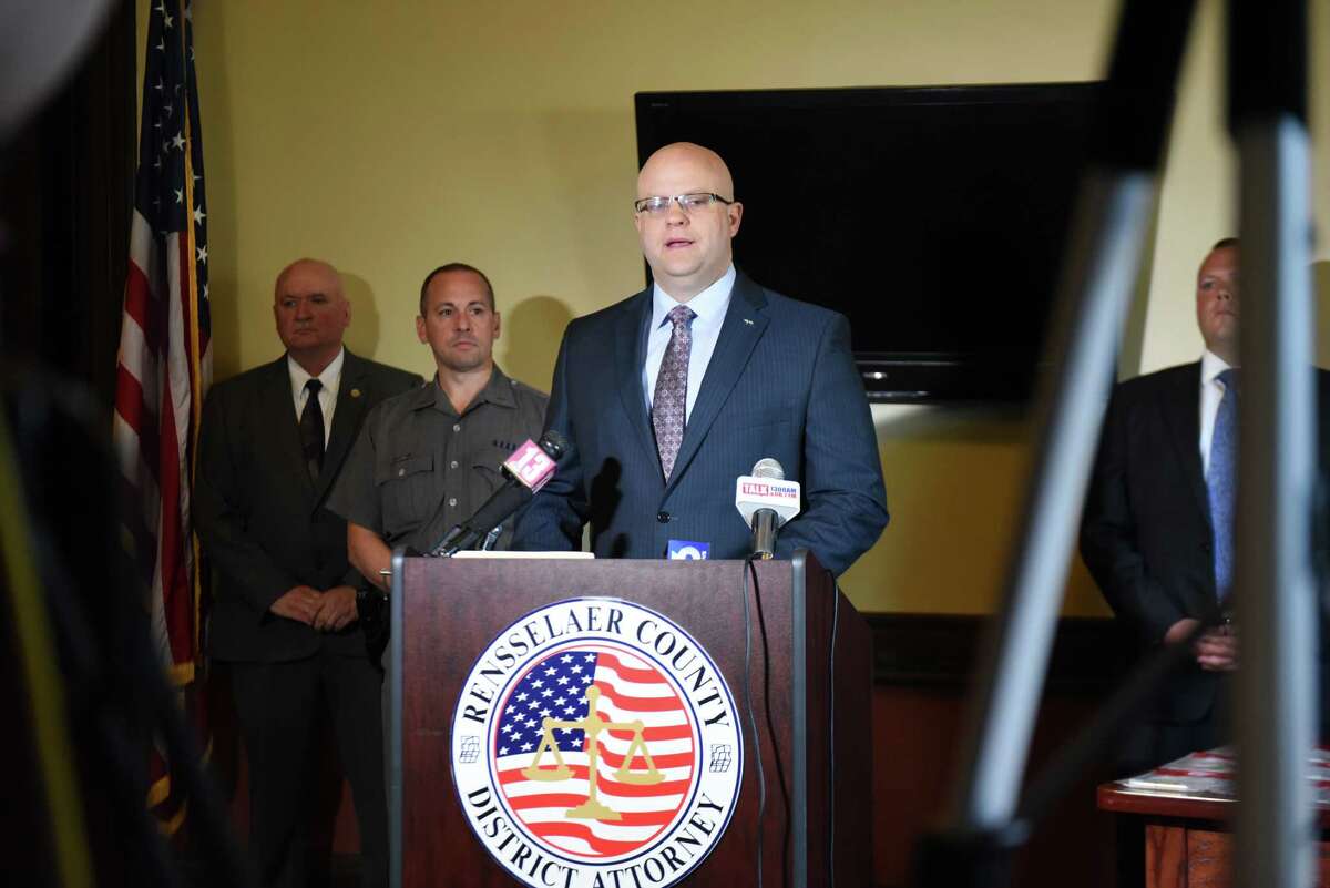Rensselaer County District Attorney Joel Abelove speaks during a press conference to announce the results of a drug bust at the Disc Jam Music Festival in Stephentown on Thursday, June 21, 2018, at the DA's office in Troy, N.Y. The bust was part of a joint effort with the New York State Police Community Narcotics Enforcement Team. (Will Waldron/Times Union)