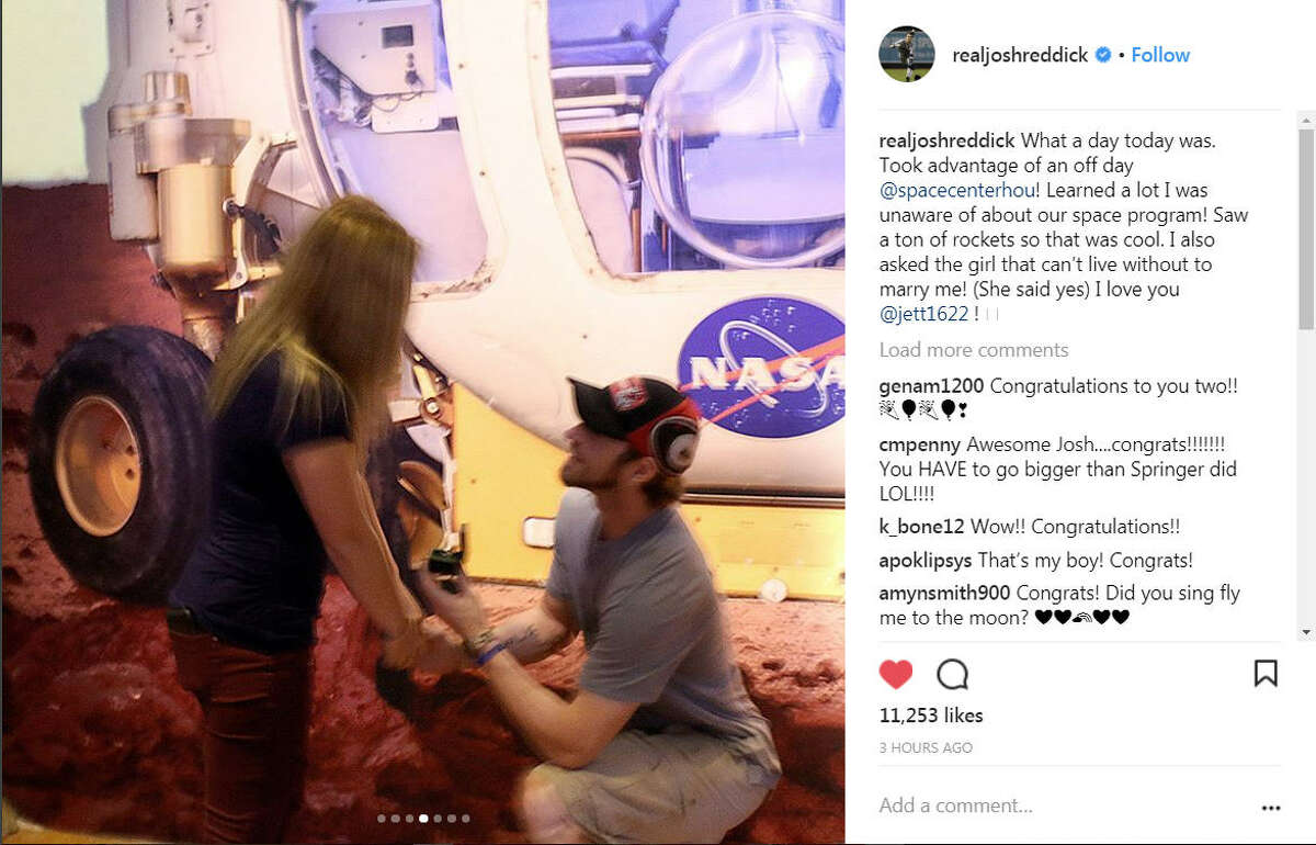 Houston Astros outfielder Josh Reddick got engaged to his fiancee Jett Elkins at NASA Thursday. image via @RealJoshReddick on Instagram