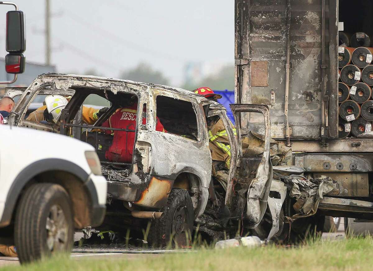PHOTOS: Road hazards Authorities investigate the scene of a crash, where one person died in fire after a collision on the westbound lanes of Interstate 10 near Woods Road on June 22, 2018, in Brookshire. >>Here are the places in Houston you're most likely to have an accident...
