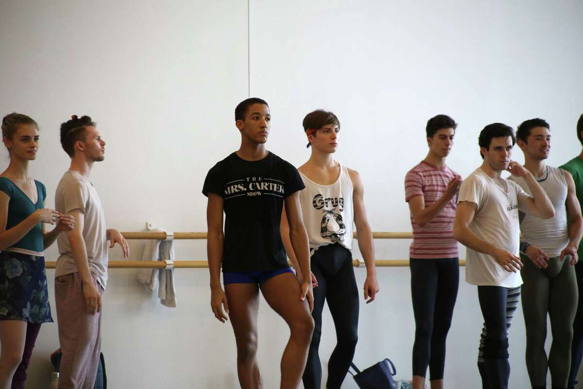 Houston Ballet soloist Harper Watters, center, and other artists of the company in a class filmed for the documentary “Danseur.”