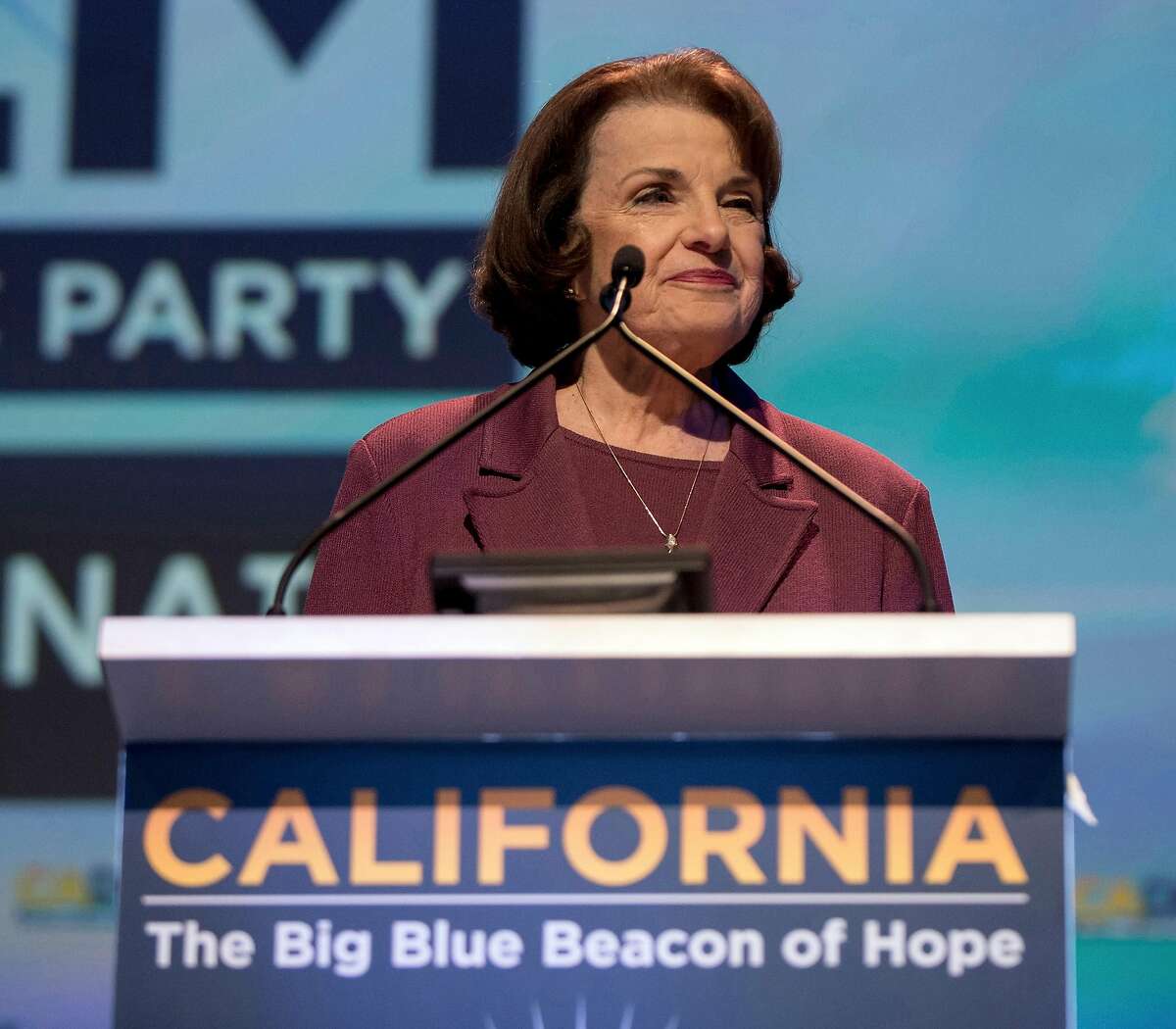 U.S. Sen. Dianne Feinstein (D-Calif.) addresses the 2018 California Democrats State Convention on February 24, 2018, in San Diego. (Brian Cahn/Zuma Press/TNS)