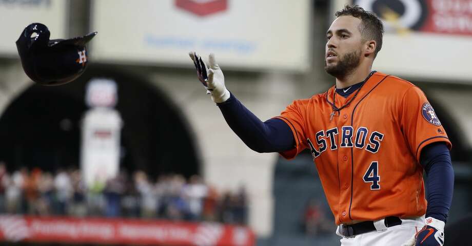 Houston Astros right fielder George Springer (4) reacts after grounding into a double play to end the seventh inning of an MLB baseball game at Minute Maid Park, Friday, June 22, 2018, in Houston.  ( Karen Warren  / Houston Chronicle ) Photo: Karen Warren/Houston Chronicle