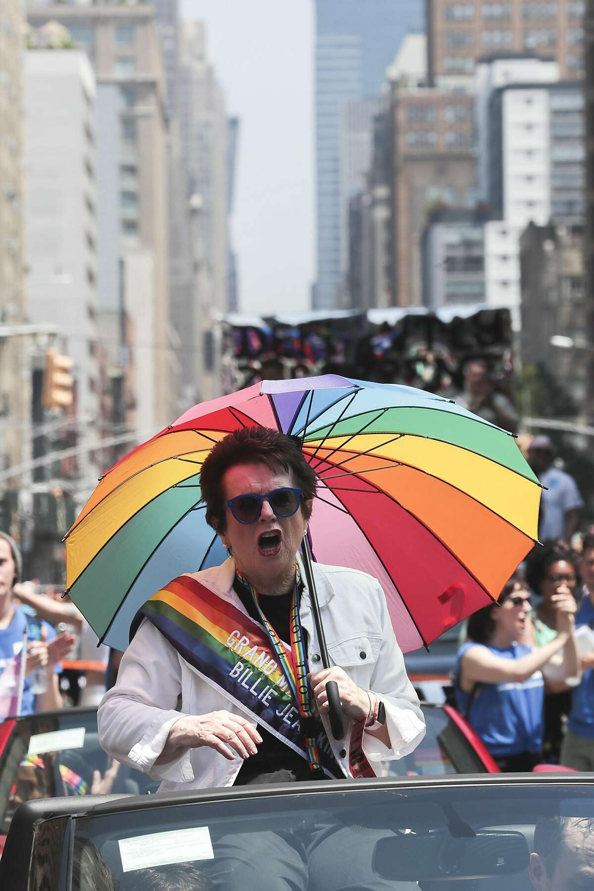 Billie Jean King, the grand marshal for the parade, during the New York City Pride March, June 24, 2018. (Emma Howells/The New York Times)