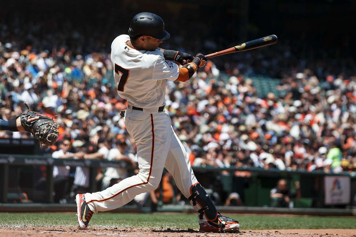 SAN FRANCISCO, CA - JUNE 24: Gorkys Hernandez #7 of the San Francisco Giants hits a home run against the San Diego Padres during the sixth inning at AT&T Park on June 24, 2018 in San Francisco, California. The San Francisco Giants defeated the San Diego Padres 3-2 in 11 innings. (Photo by Jason O. Watson/Getty Images)