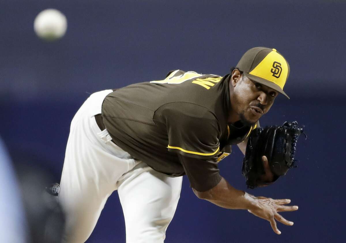 San Diego Padres starting pitcher Edwin Jackson works against a San Francisco Giants batter during the first inning of a baseball game Friday, Sept. 23, 2016, in San Diego. (AP Photo/Gregory Bull)