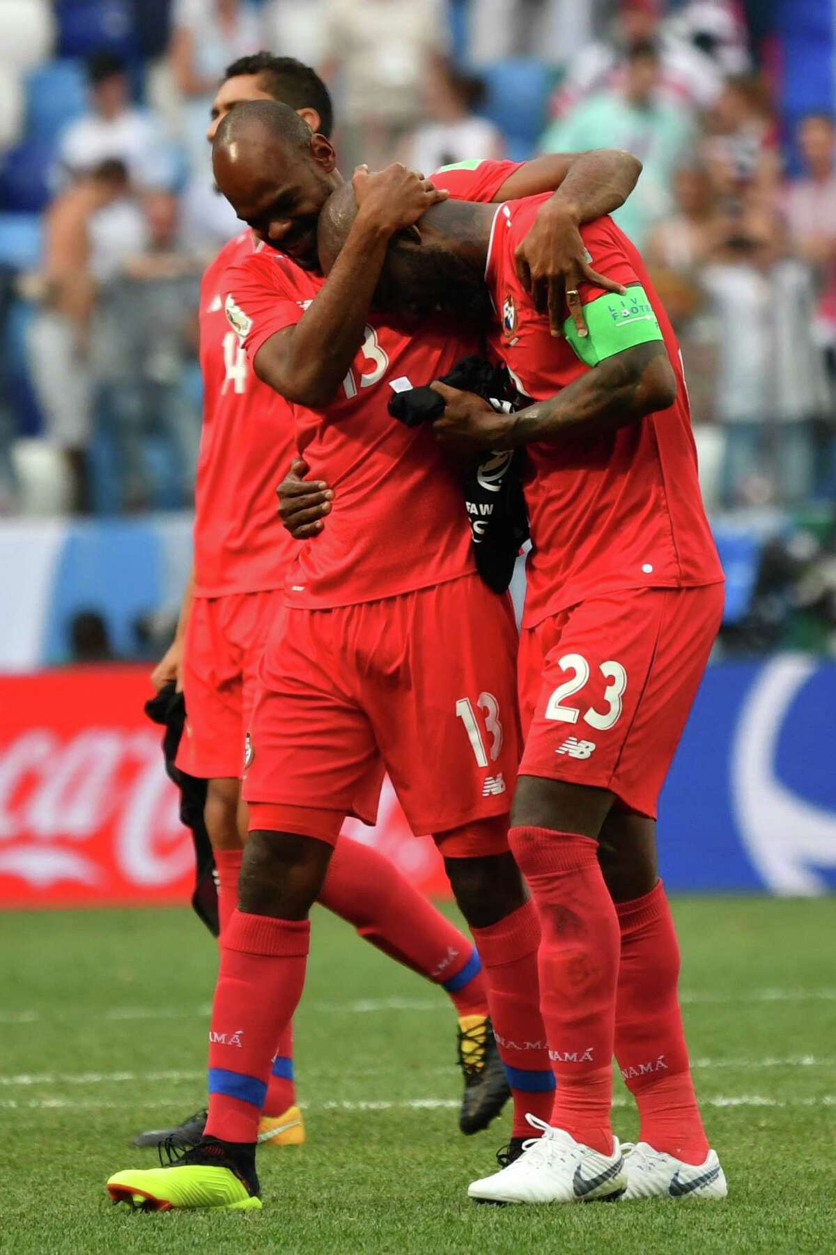 Panama's defender Felipe Baloy (R) and Panama's defender Adolfo Machado (C) react after losing the Russia 2018 World Cup Group G football match between England and Panama at the Nizhny Novgorod Stadium in Nizhny Novgorod on June 24, 2018. / AFP PHOTO / Dimitar DILKOFF / RESTRICTED TO EDITORIAL USE - NO MOBILE PUSH ALERTS/DOWNLOADSDIMITAR DILKOFF/AFP/Getty Images