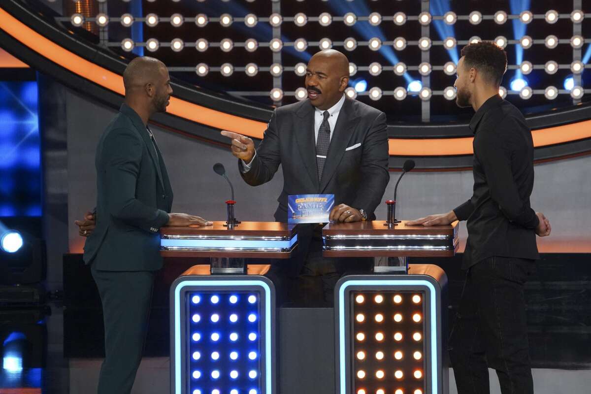 Golden State Warrior Steph Curry and Houston Rocket Chris Paul were competitors off the court in a celebrity edition of game show "Family Feud" which aired Sunday.