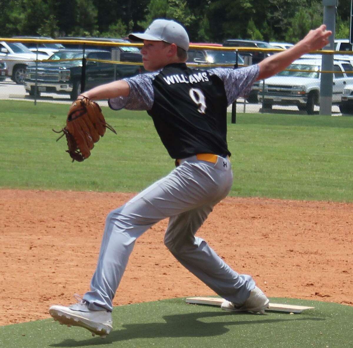 Carson Williams of the Liberty Majors All-Star team prepares to unleash a pitch to the Shepherd Majors team on June 23.