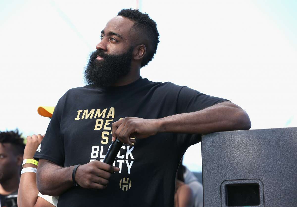 LOS ANGELES, CA - JUNE 24: James Harden onstage at "Imma Be a Star" Block Party at Audubon Middle School on June 24, 2018 in Los Angeles, California. (Photo by Phillip Faraone/Getty Images for adidas)