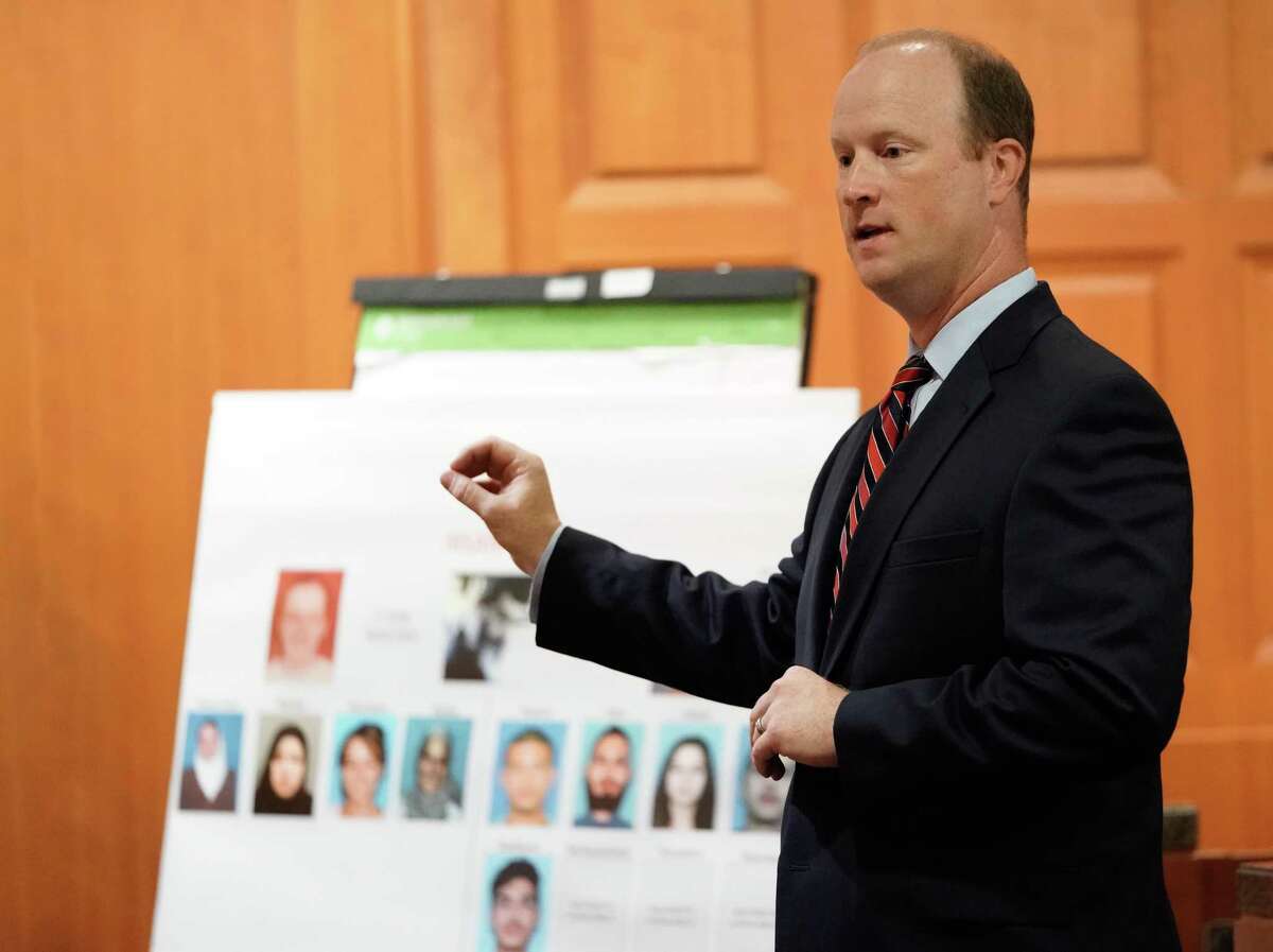 Prosecutor Jon Stephenson gives an opening statement during the capital murder trial of Ali Mahwood-Awad Irsan is shown in court Monday, June 25, 2018. Irsan was charged with capital murder because his alleged crime involved multiple victims — his daughter’s best friend, Gelareh Bagherzadeh, an Iranian medical student and activist, and his daughter’s husband, Coty Beavers, 28. Both slayings, authorities said, were driven by the anger of Irsan, a conservative Muslim, over his daughter Nesreen’s decision to marry Beavers, a Christian from Houston.