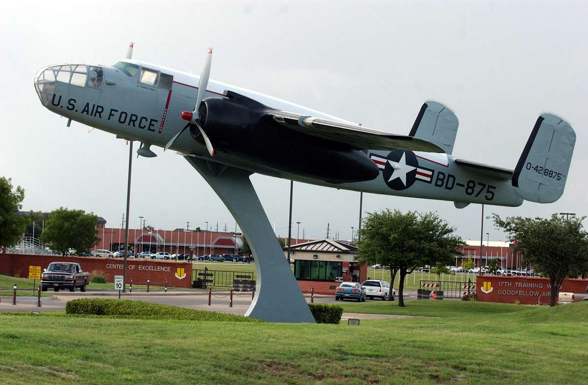 A B-25 Mitchell bomber is displayed at the gate of Goodfellow AFB in San Angelo. Goodfellow's missions are intelligence, fire protection and special instruments, but it will be the site of a detention facility for immigrant children who arrive at the border without their parents. JOHN DAVENPORT / STAFF