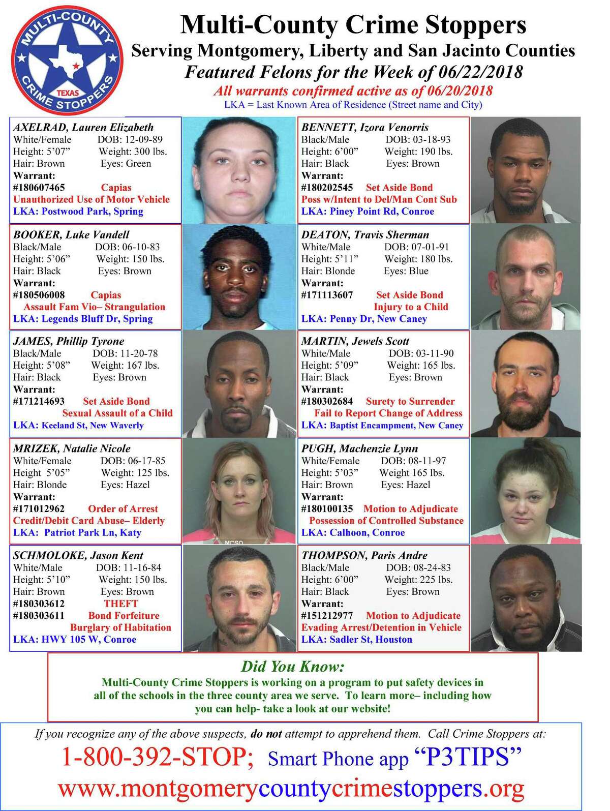 The Multi-County Crime Stoppers, which serves Liberty, San Jacinto and Montgomery counties, is asking for the public’s help in locating this week’s featured fugitives. If you have information about the whereabouts of anyone listed, please call the number listed.