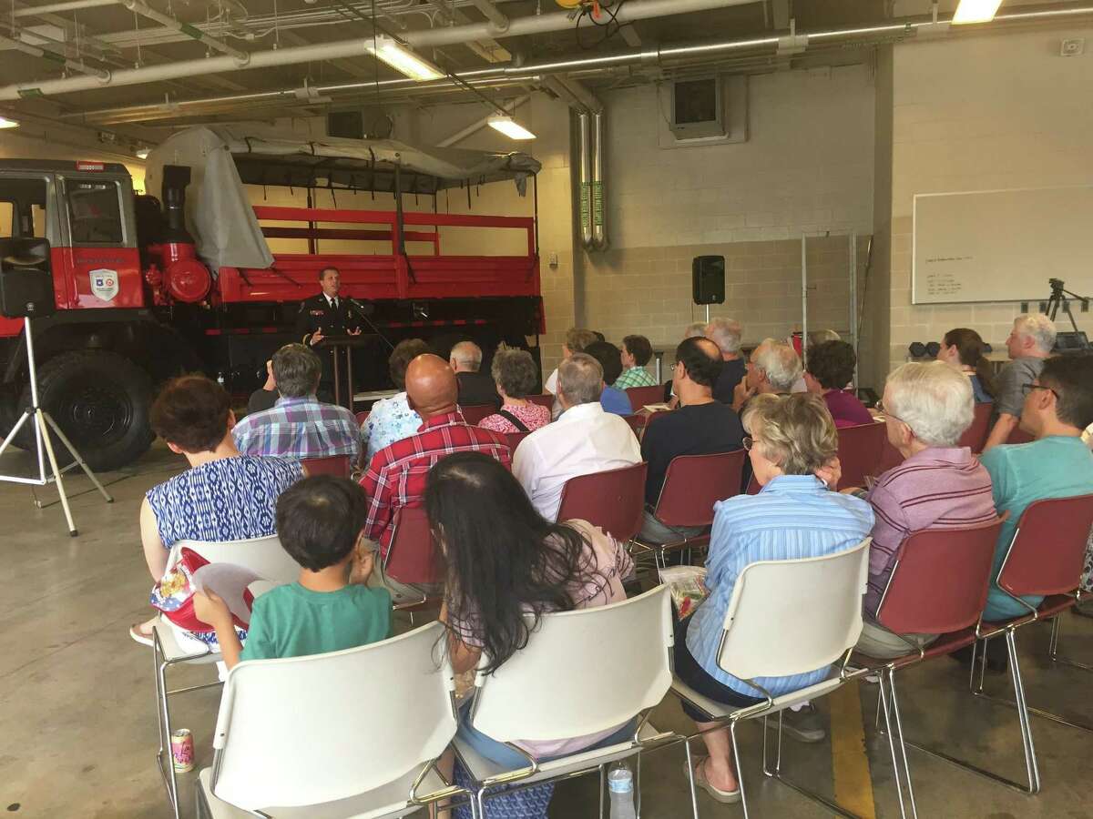 Deacon Tittel, new fire chief of the Bellaire Fire Department, addresses citizens at the hurricane preparedness meeting on Monday, June 18.
