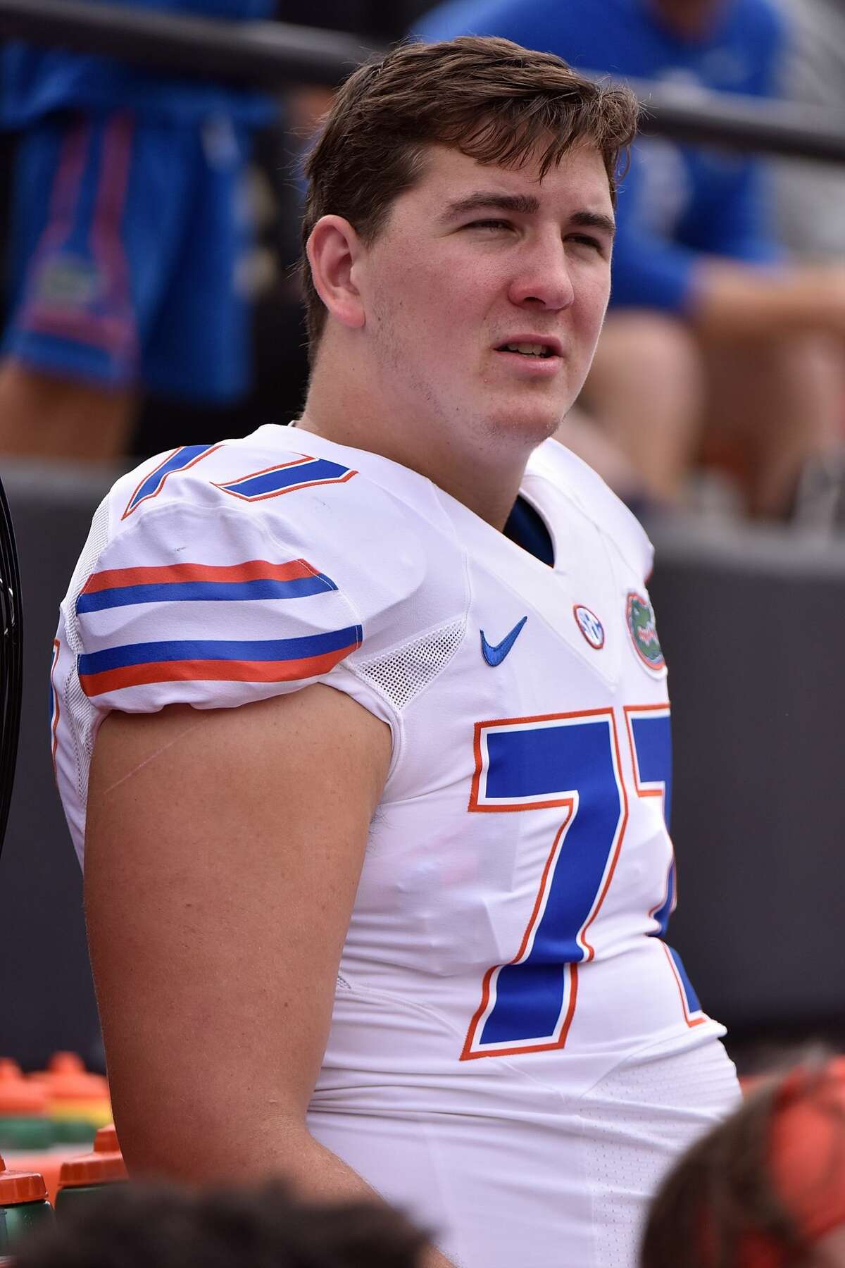 NASHVILLE, TN - OCTOBER 01: Andrew Mike #77 of the Florida Gators watches from the sideline during a game against the Vanderbilt Commodores at Vanderbilt Stadium on October 1, 2016 in Nashville, Tennessee. (Photo by Frederick Breedon/Getty Images)