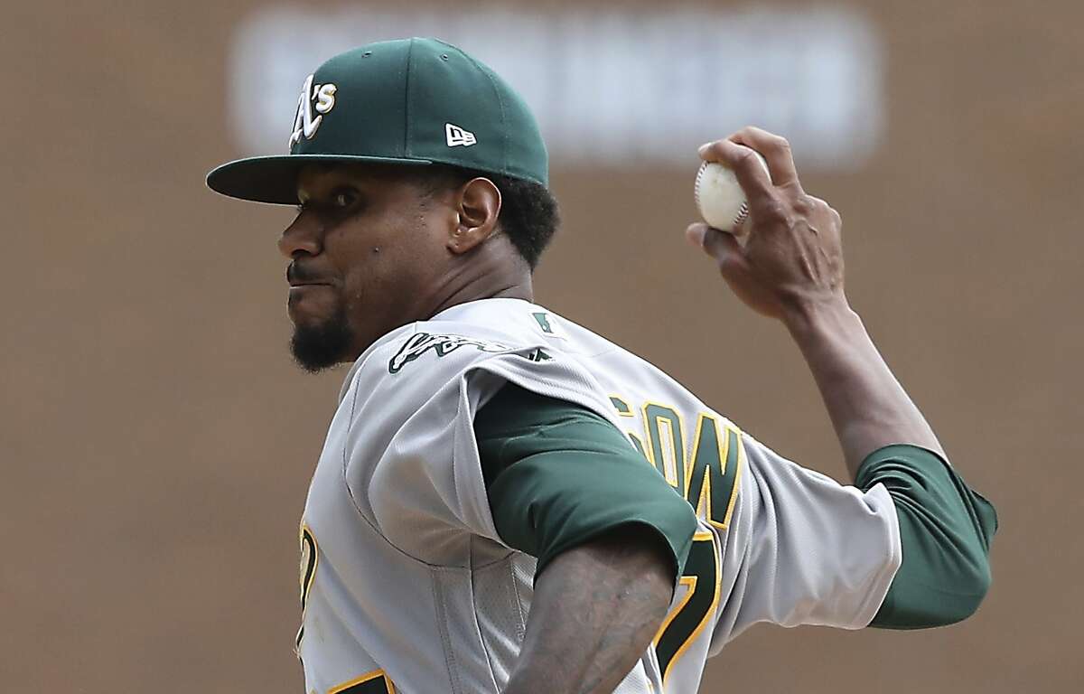 Oakland Athletics starting pitcher Edwin Jackson throws during the first inning of a baseball game against the Detroit Tigers, Monday, June 25, 2018, in Detroit. (AP Photo/Carlos Osorio)