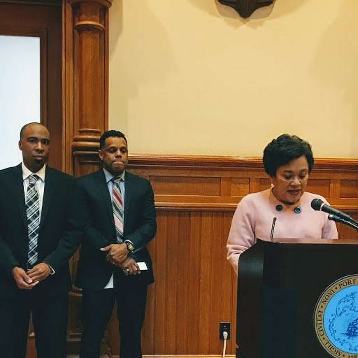 New Haven Mayor Toni N. Harp delivers her budget message at a press conference at City Hall. Behind her from left is Police Chief Anthony Campbell, Acting Budget Director Michael Gormany, Controller Daryl Jones and Economic Development Administrator Matthew Nemerson