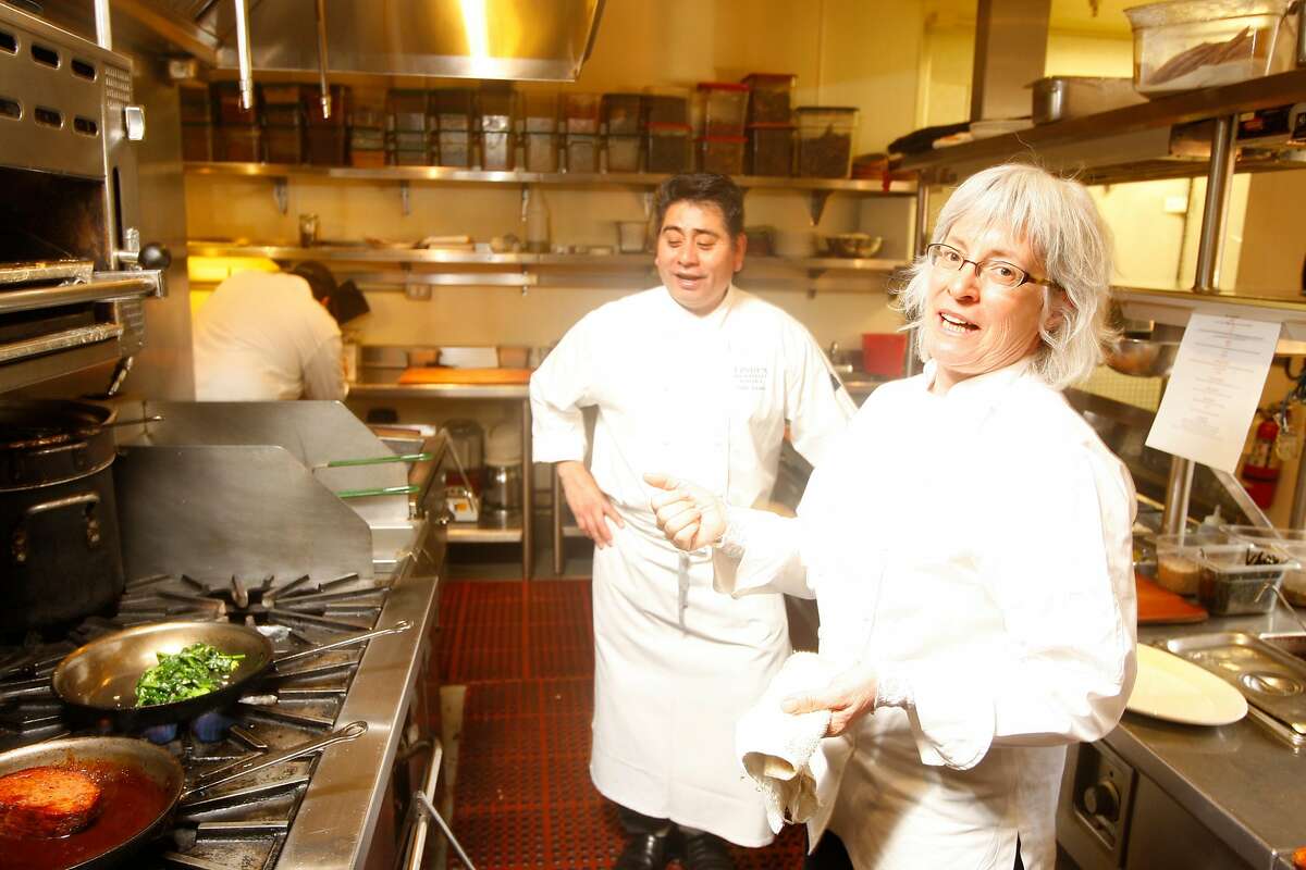 Chef Cindy Pawlcyn making her "Mighty Meatloaf" dish with Horseradish Barbeque sauce, along with chef Pablo Jacinto at Cindy's Backstreet Kitchen in St. Helena, Calif., on January 28, 2009.