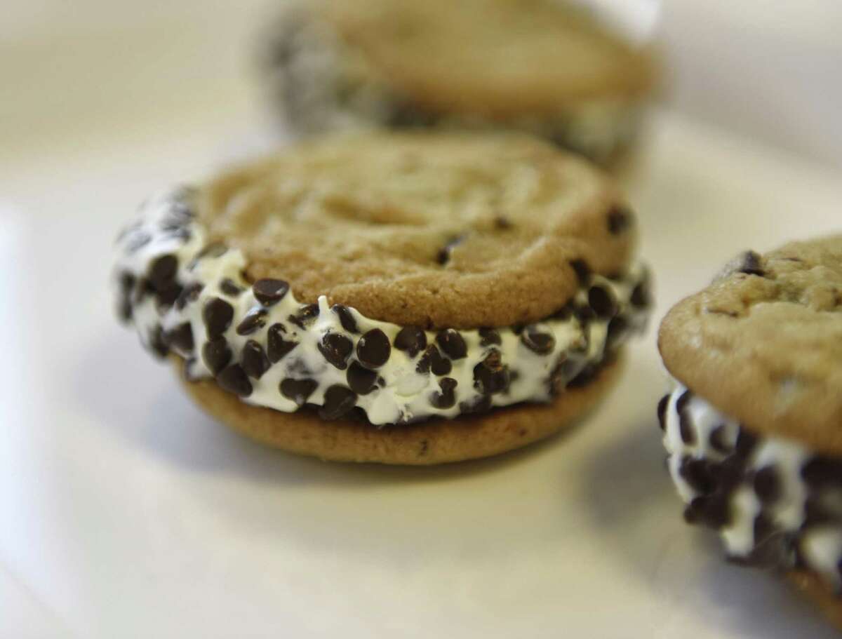 Chipwiches are displayed at the Comradity co-working space in Stamford, Conn. Tuesday, June 19, 2018. After a seven year hiatus, the classic ice cream cookie sandwich has returned after being acquired and relaunched by Crave Better Foods.