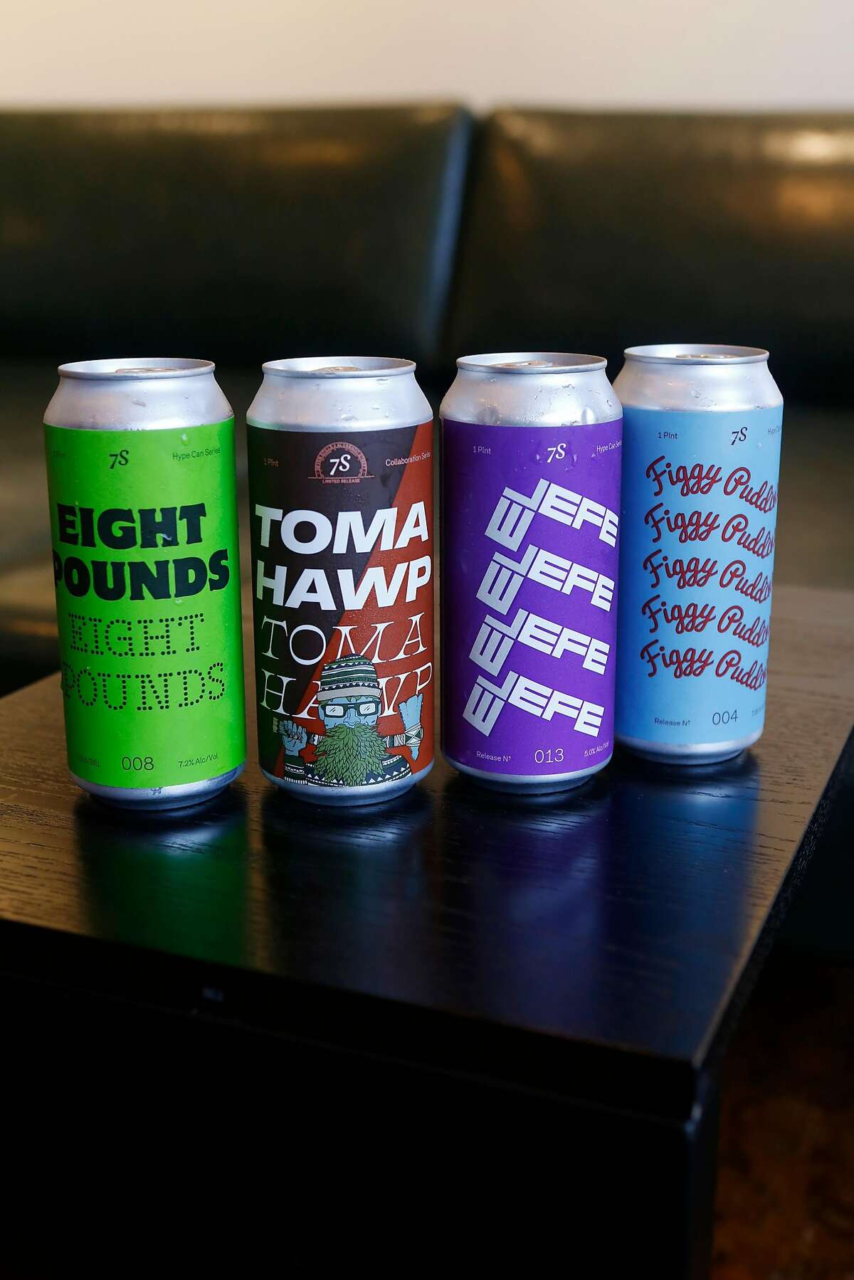 Beer cans Eight Pounds, Tomahawp, El Jefe, and Figgy Puddding at the Seven Stills Nob Hill bar located inside the Stanford Court Hotel on Thursday, June 21, 2018 in San Francisco, Calif.