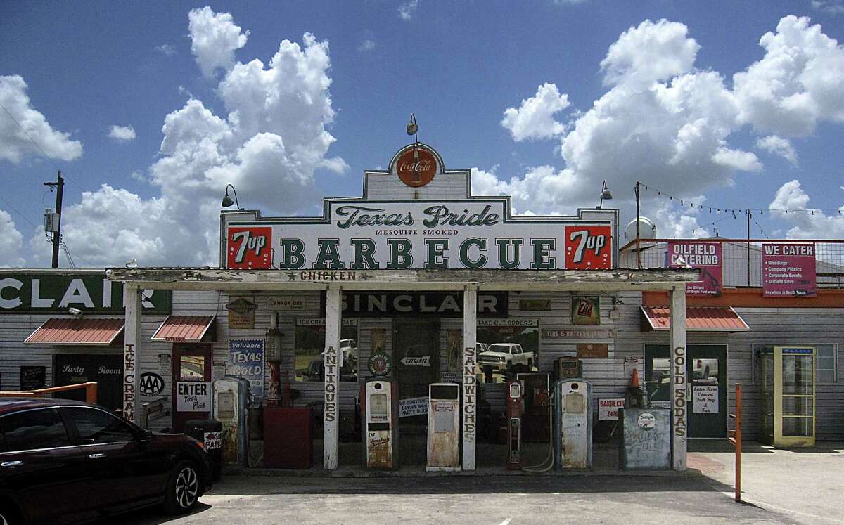 Texas Pride Barbecue on East Loop 1604 South in Adkins, east of San Antonio, is modeled after an old gas station.