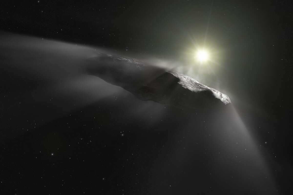 An artist’s impression of the first interstellar object discovered in the solar system, the 1I/Oumuamua.