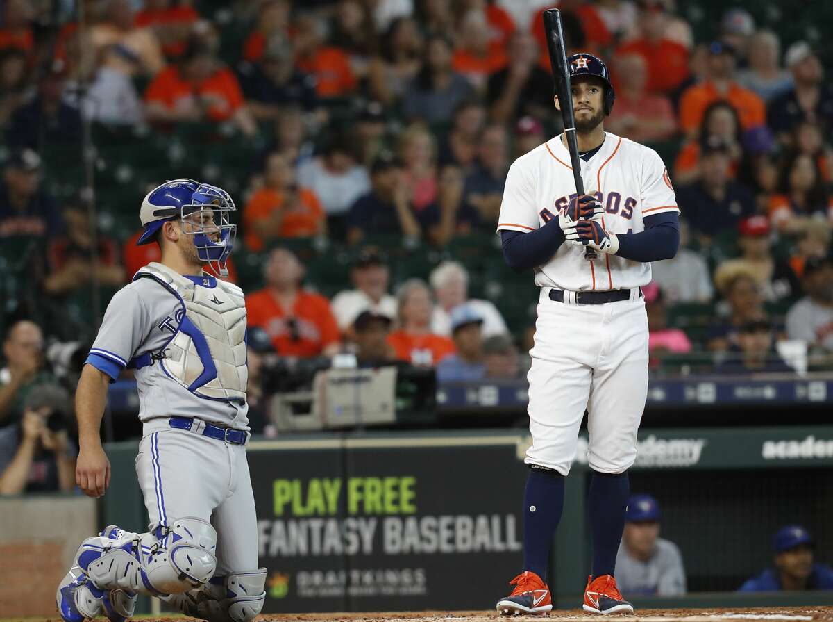 Houston Astros center fielder George Springer (4) reacts to a strike call during game action against the Toronto Blue Jays at Minute Maid Park on Wednesday, June 27, 2018 in Houston. Astros won the game 7-6 with a two-run walk off home run. (Elizabeth Conley/Houston Chronicle)