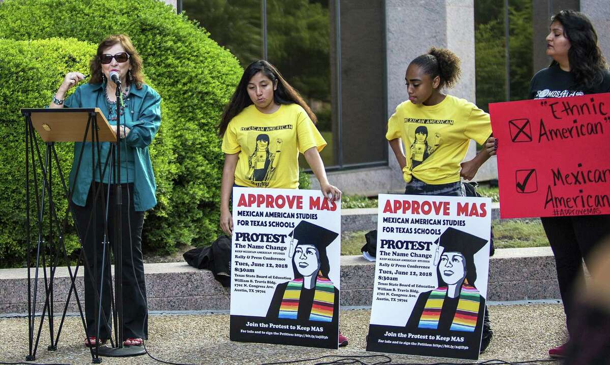 Protestors gathered during a Protest the Name Change/Keep Mexican American Studies Rally and press conference before the State Board of Education meeting in Austin on June 12, 2018.