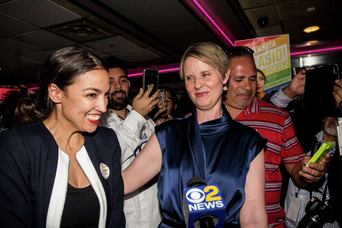 NEW YORK, NY - JUNE 26: Progressive challenger Alexandria Ocasio-Cortez is joined by New York gubenatorial candidate Cynthia Nixon at her victory party in the Bronx after upsetting incumbent Democratic Representative Joseph Crowly on June 26, 2018 in New York City. Ocasio-Cortez upset Rep. Joseph Crowley in New Yorks 14th Congressional District, which includes parts of the Bronx and Queens.