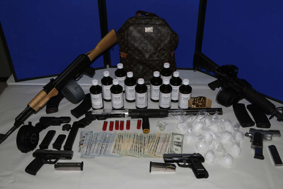 Five people were arrested on Wednesday, June 27, 2018 after three search warrants yielded several heavy-duty weapons, including an AR-15 loaded with a 200-round drum magazine and an AK-47 with a 100-drum magazine, as well as half a kilo of methamphetamine. 